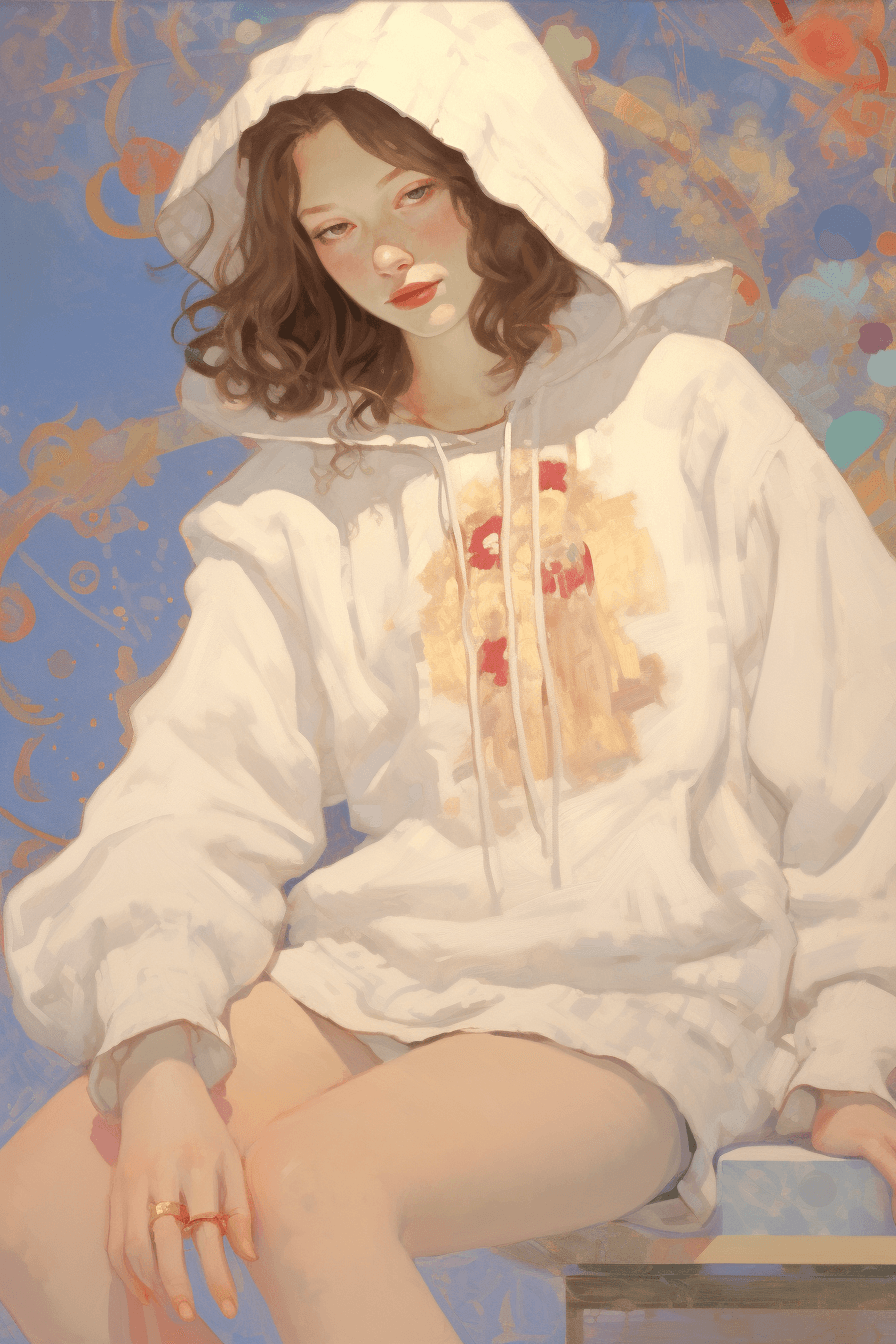 AI generated: grainy painting of a skater girl wearing supreme hoodie, in the style of mucha composition, astral, ...
