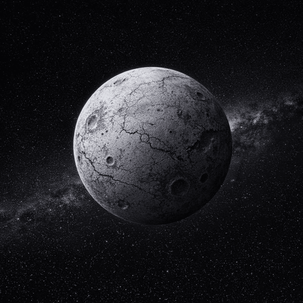 AI generated: A light grey with dark grey patches planet with cracks and craters littering its surface that gives ...