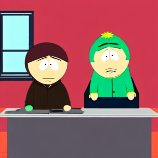 AI generated: two people sitting at a desk, talking, one is very surprised, flustered even. They are in an office,...