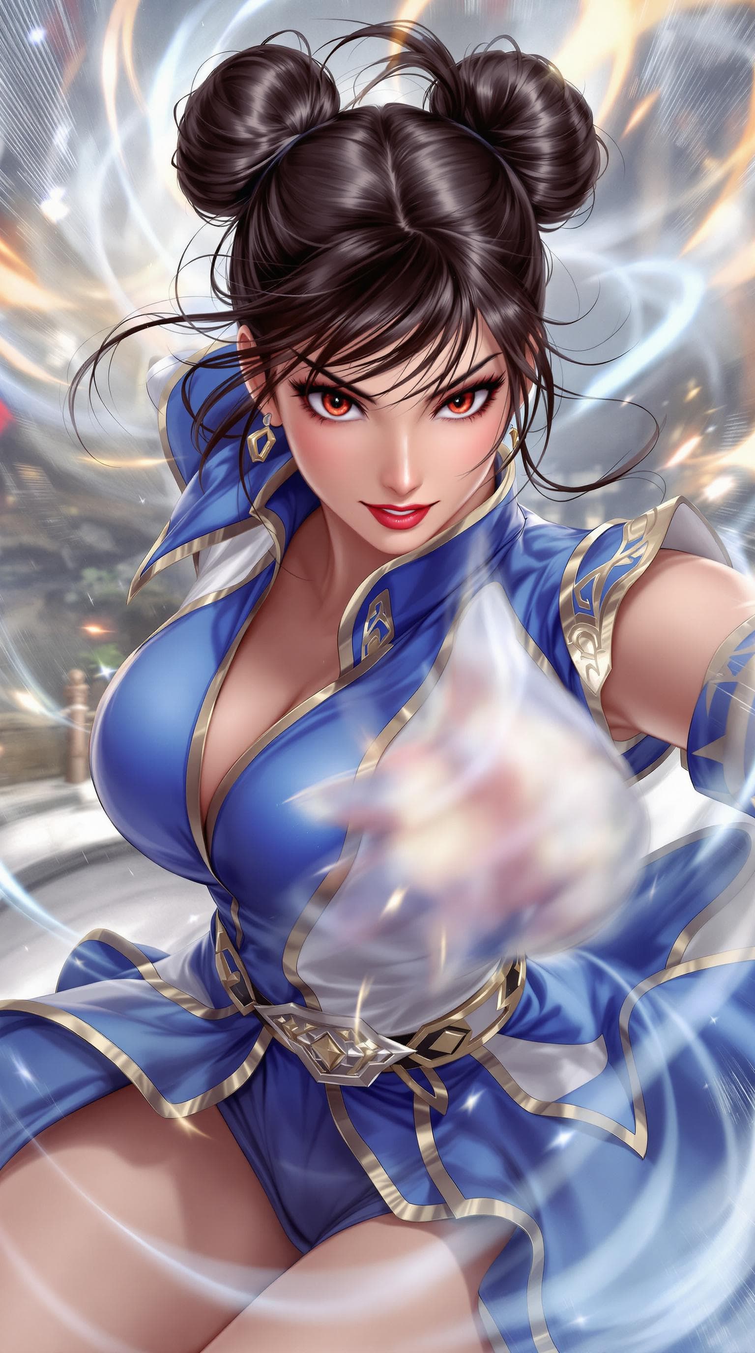 AI generated: Chun-Li, Street Fighter, blue and white outfit with gold trim, action scene fighting pose, hyper-rea...