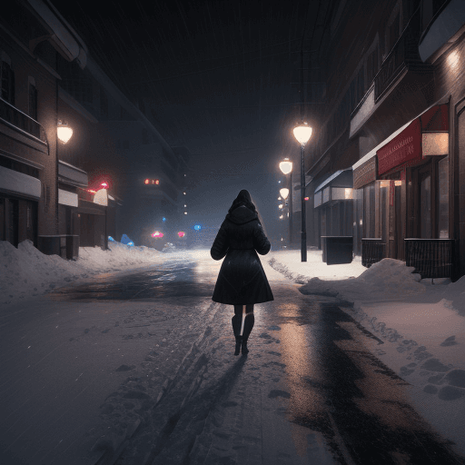 AI generated: Photo of a ultra realistic beautiful girl walking at night during a snow storm. The street has light...