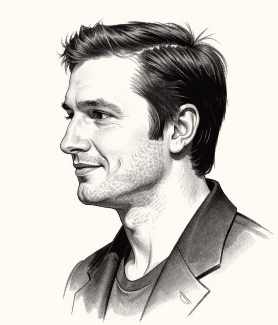 AI generated: lithograph of a handsome man, side view, slight smile, white background, dramatic lighting, sketch i...
