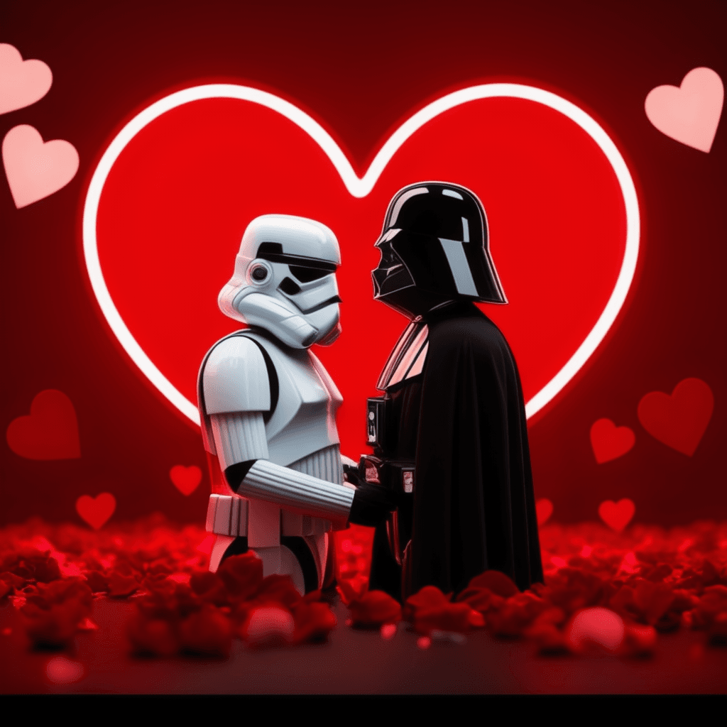 AI generated: high res, 8k,darth vader, photo of stormtrooper, Star Wars, romantic background for valentine, (hear...