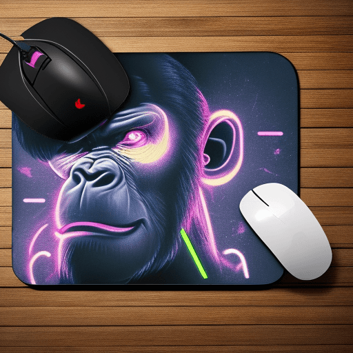 AI generated: black mousepad with neon text and gorilla graphics, white background