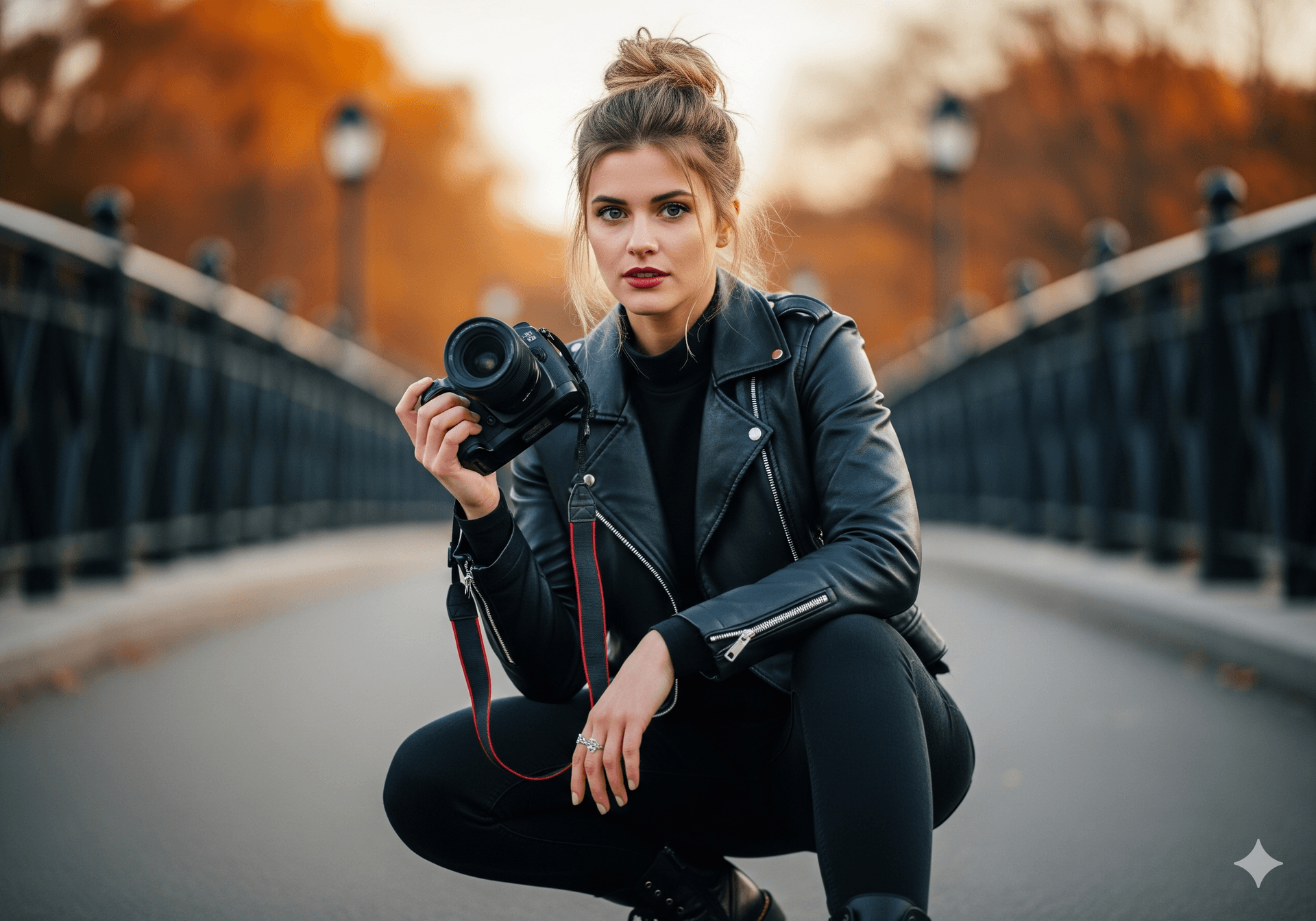 AI generated: A cinematic medium shot of a stylish young woman with a messy blonde bun. She is crouching down on a...