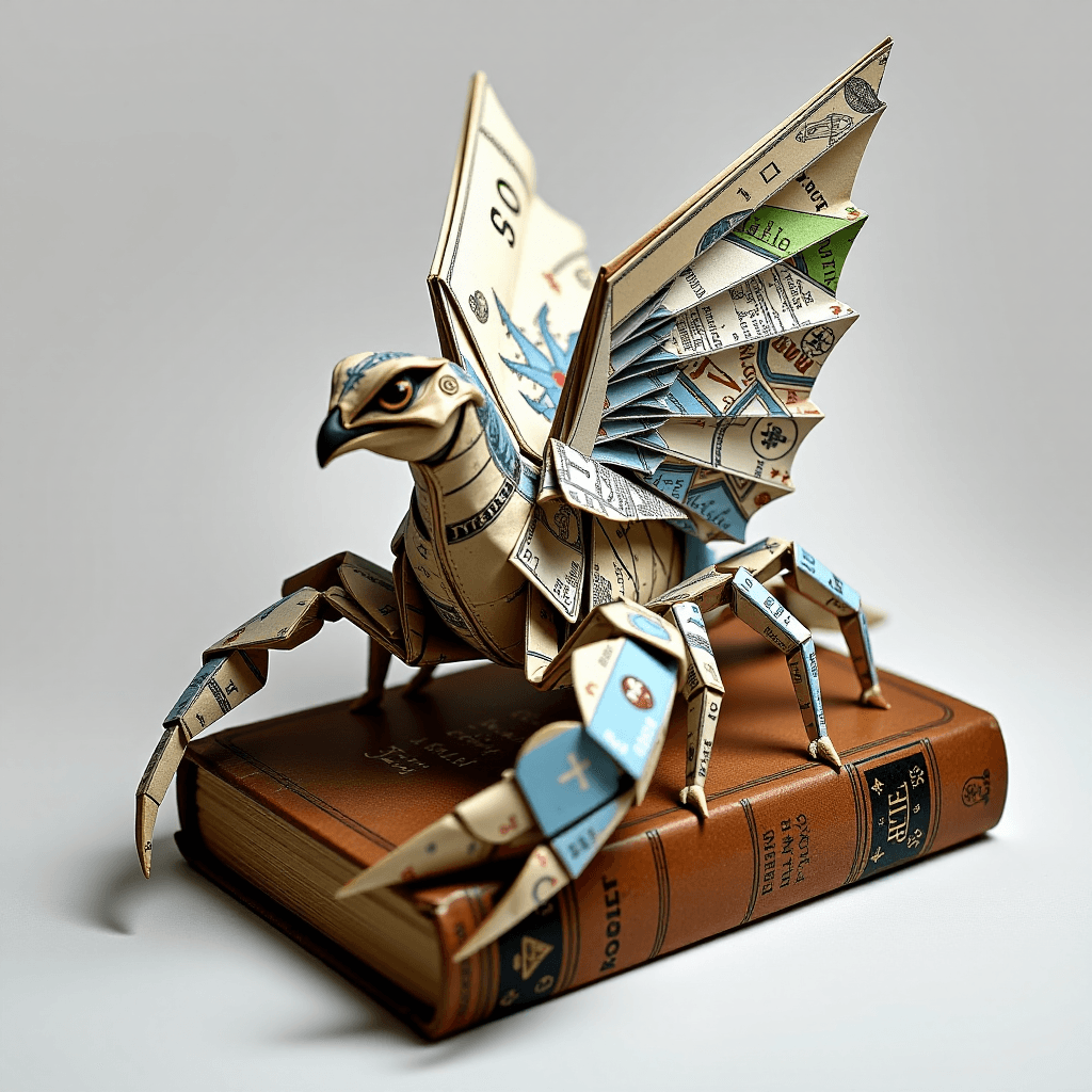 AI generated: Eine bizarre Origami-ChimÃ¤re, halb Vogel, halb Skorpion, sorgfÃ¤ltig gefaltet aus alten, vergilbten...