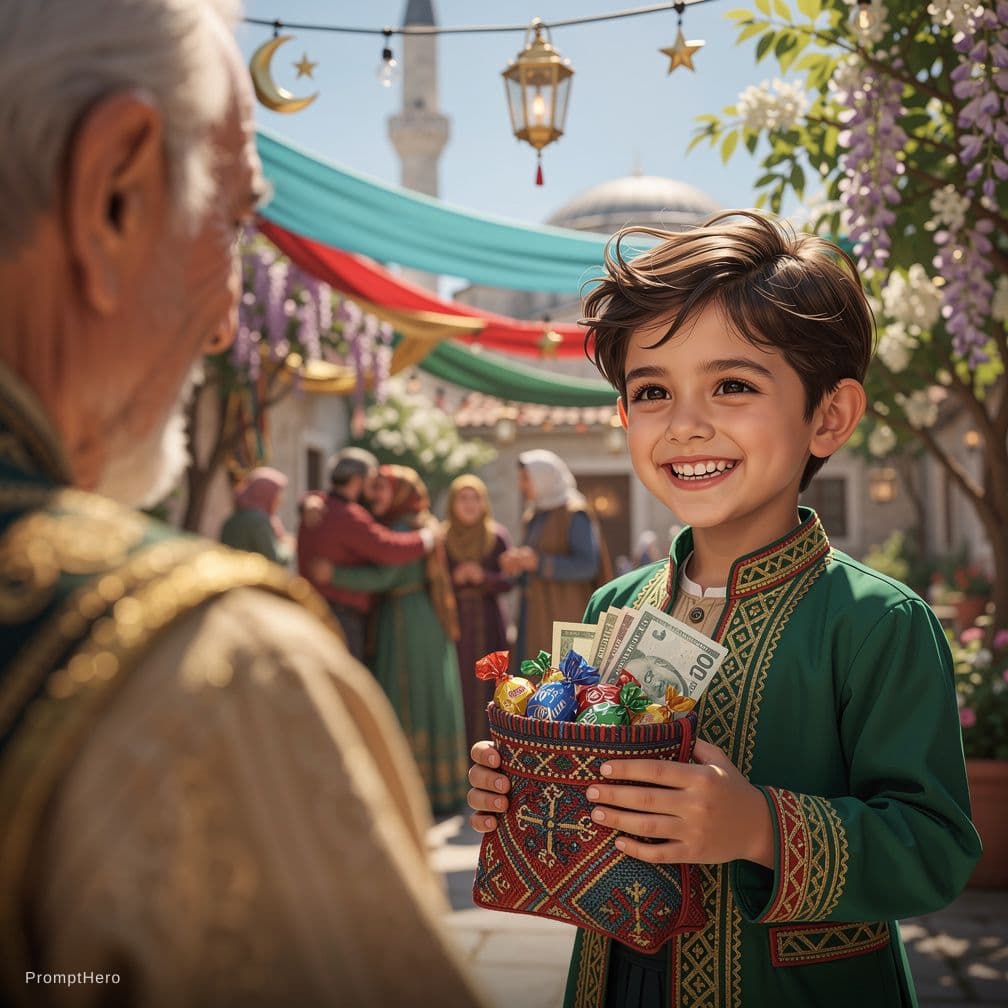 AI generated: A vibrant, modern digital illustration capturing a joyful Ramazan Bayramı moment in Turkey. Perspect...