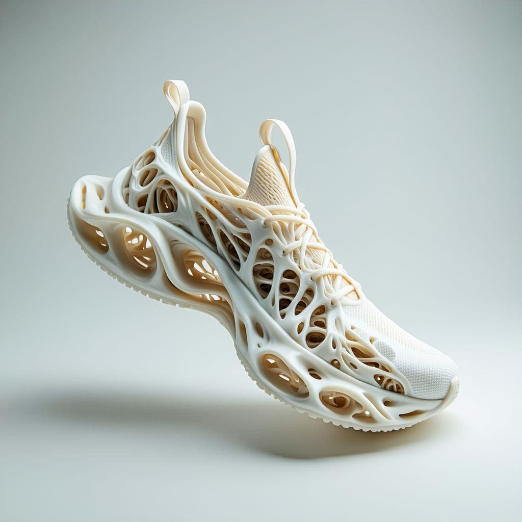 AI generated: Close-up render of a futuristic sneaker shell concept – ultra-fluid aerodynamic design, biomechanica...