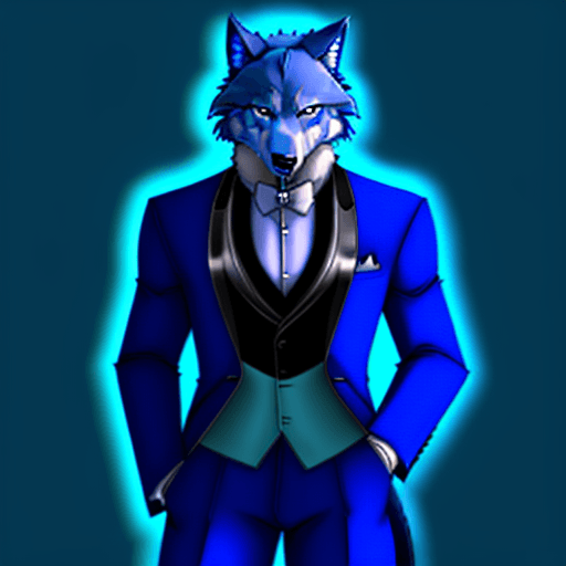 AI generated: furry, fursona, anthro, blue fur, wolf male, anthropomorphic, suit, anime, high quality