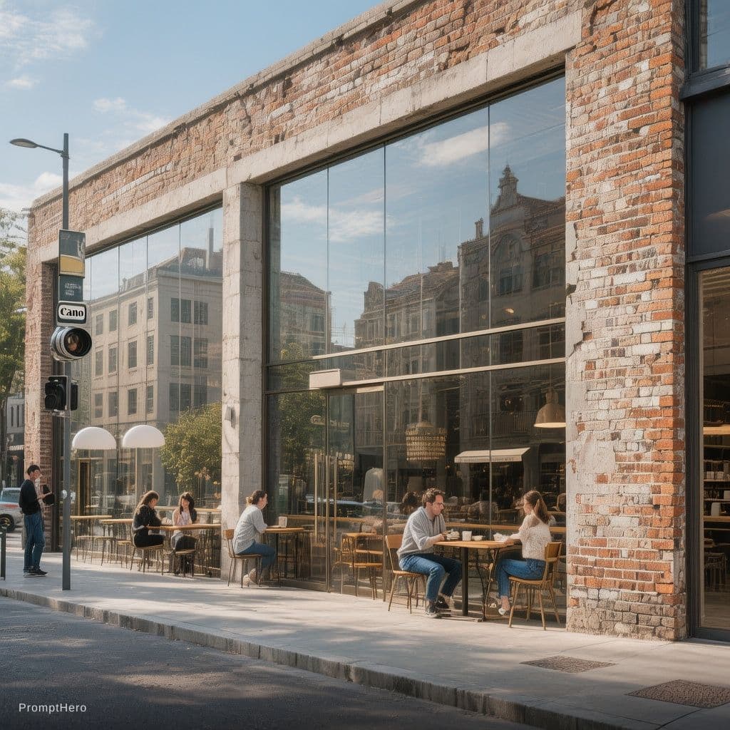 AI generated: Design a modern and minimalist cafe facade, focusing on the juxtaposition of weathered bricks and ex...