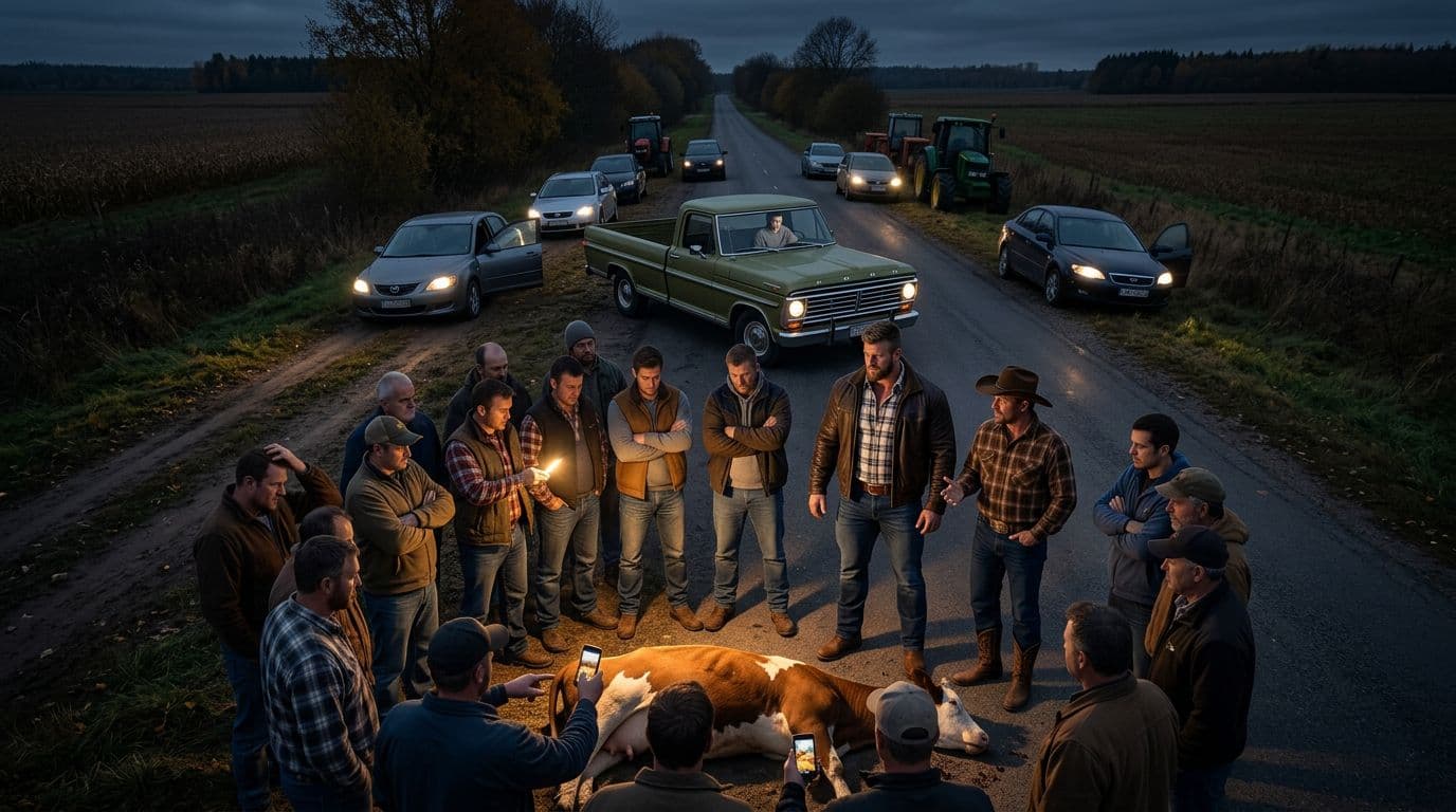 AI generated: In an Autumn night. The vintage olive green Ford pick up truck is parked between the other cars. All...