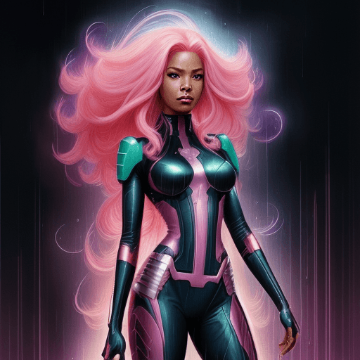AI generated: a woman with pink hair standing in the rain, by Ross Tran, afrofuturism, as a panel of a marvel comi...