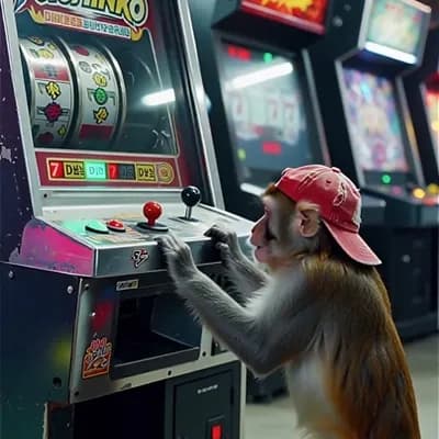 AI generated video: 원숭이가  오락실 파친코을 돌리는데 기계에서 777당첨이된다 기계에서 우수수   불닥볶음면 쏟아진다  