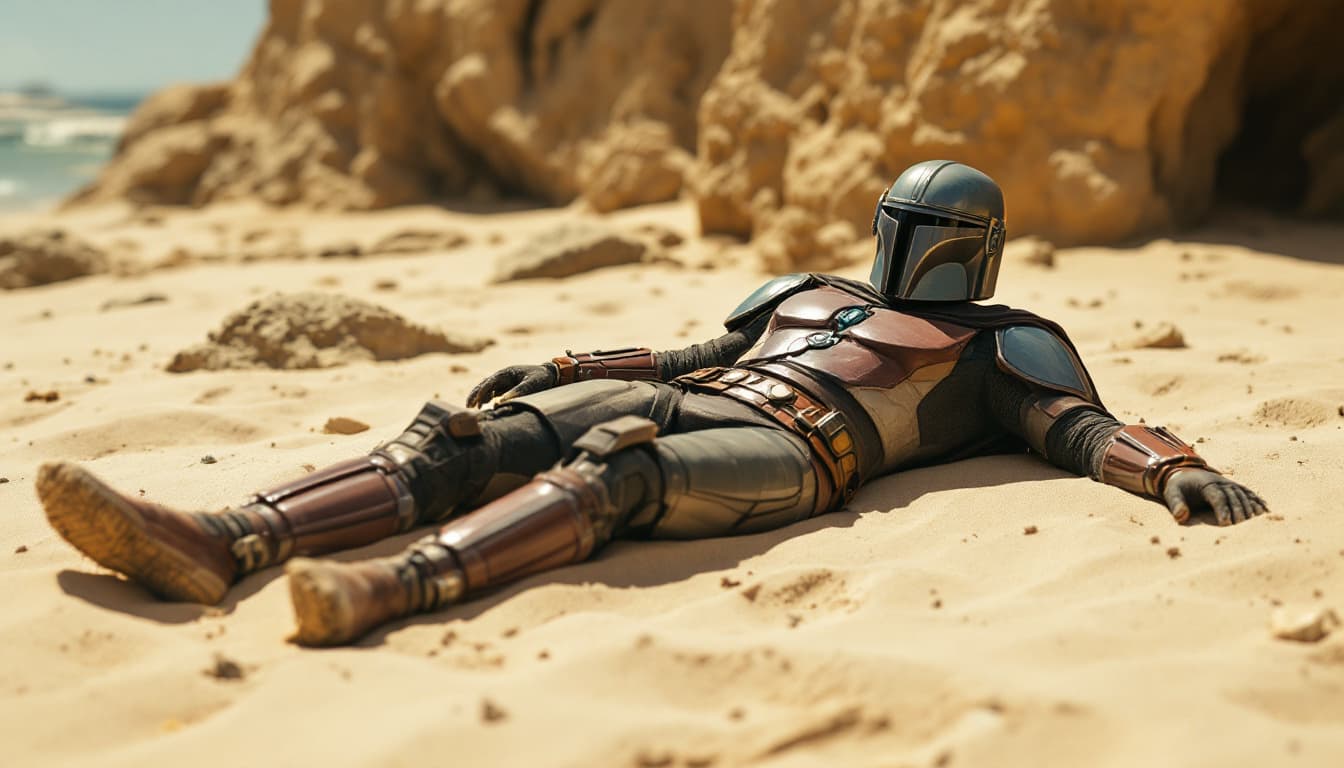AI generated: The Mandalorian sunbathing on a sandy beach. 