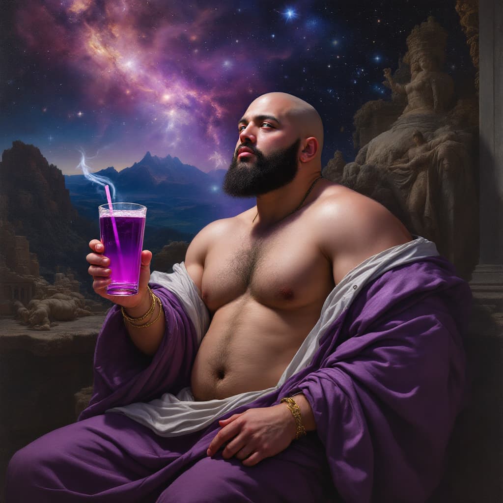 AI generated: Obese american rapper without a beard and with short hair, holding a purple drink, overseeing the un...