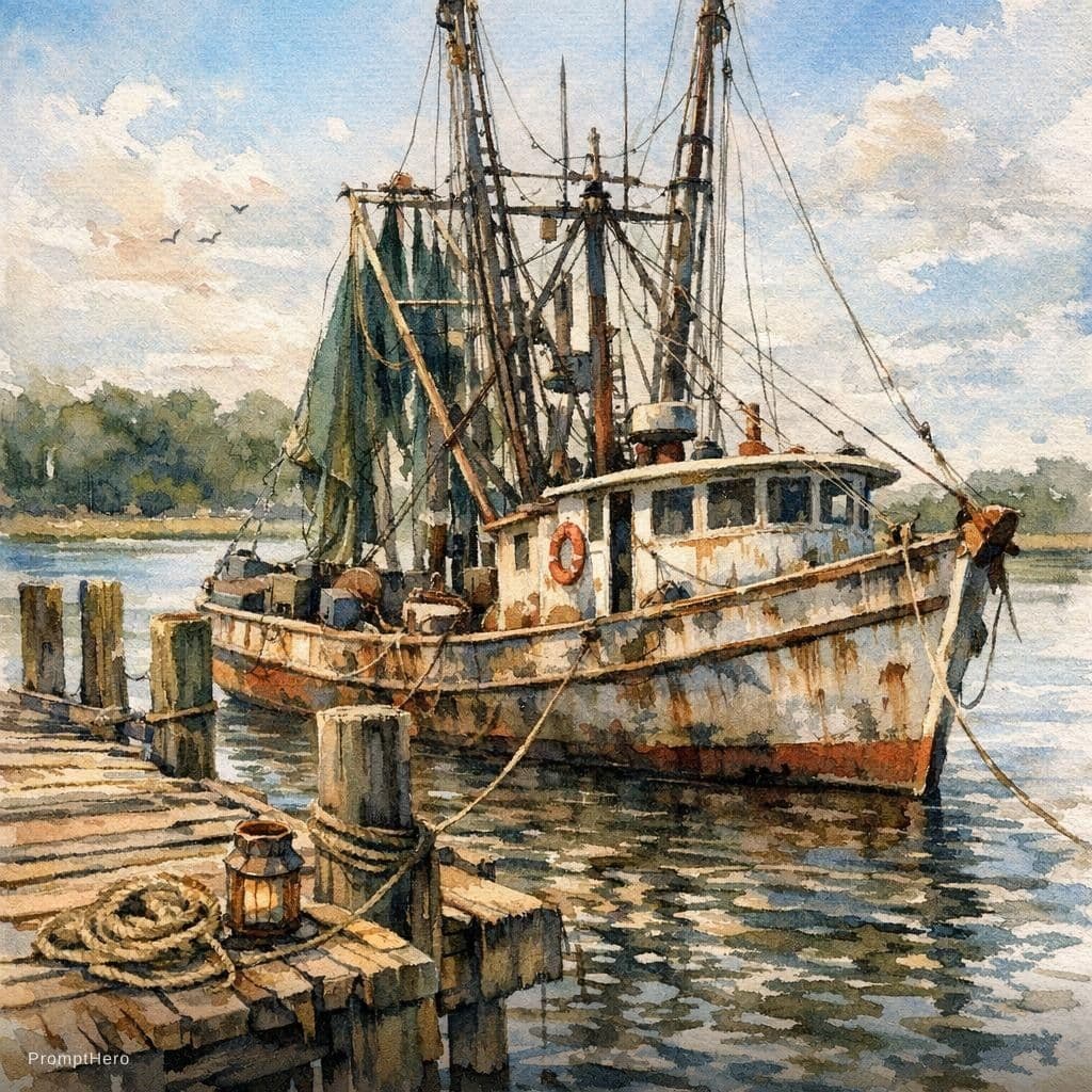 AI generated: highly derailed watercolor painting of a rustic, weathered shrimp boat tied to a weathered dock on a...
