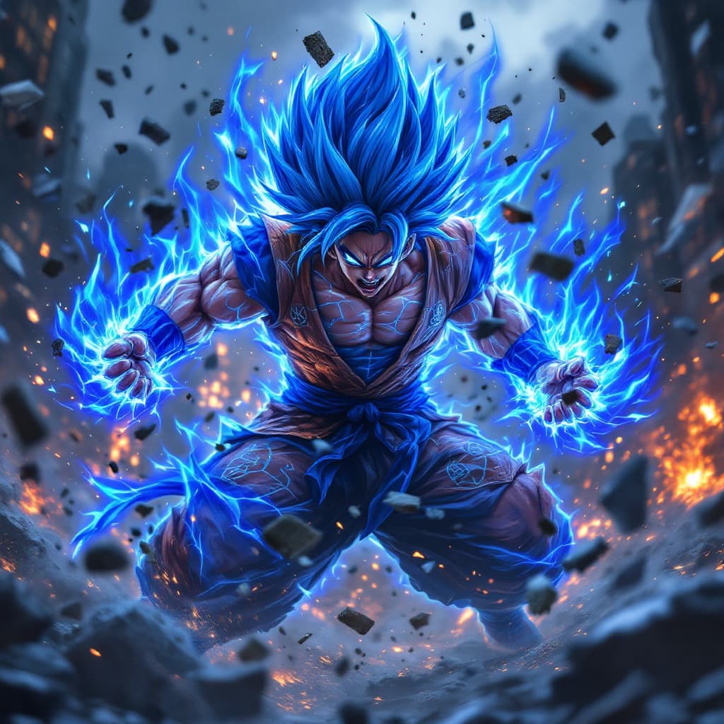 AI generated: realistic style, Goku fighting at war, raging, blue hair, character design, body is adorned with glo...