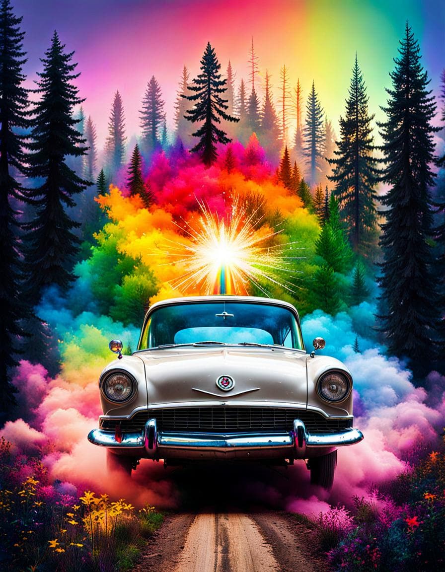 AI generated: "rainbow+Car_city+Face_peace_sign+stars+forest+explosion, double exposure, double exposure splash ar...
