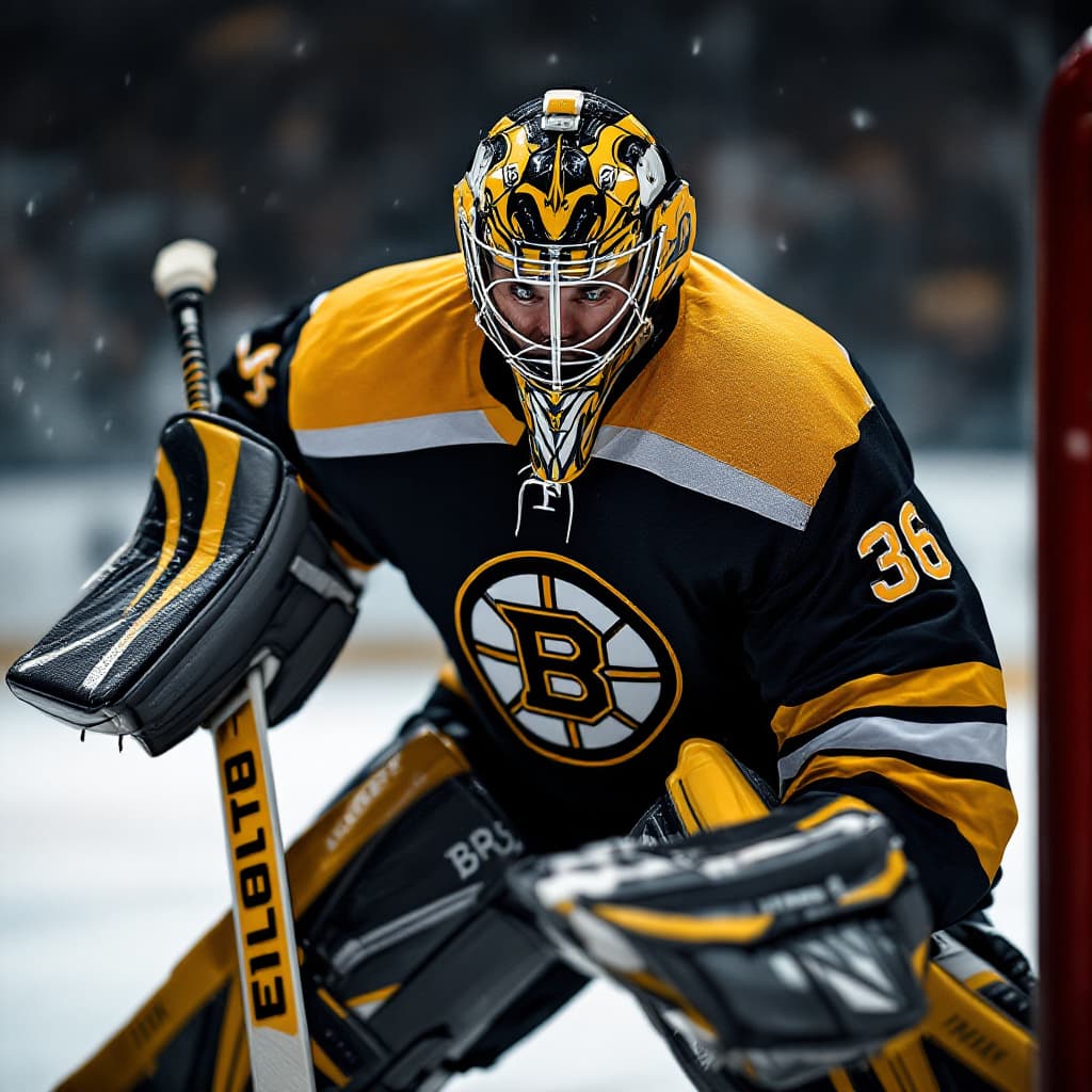 AI generated: picture of a ultra realistic  of a hockey goalie, the hockey jersey is black, yellow and grey and th...