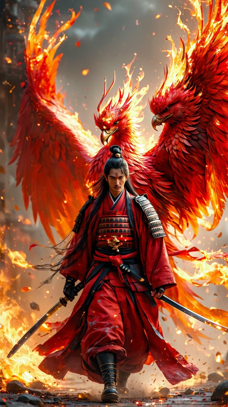 AI generated: An ultra-realistic, zoomed out, front facing, full-body portrait of a regal young Japanese samurai w...