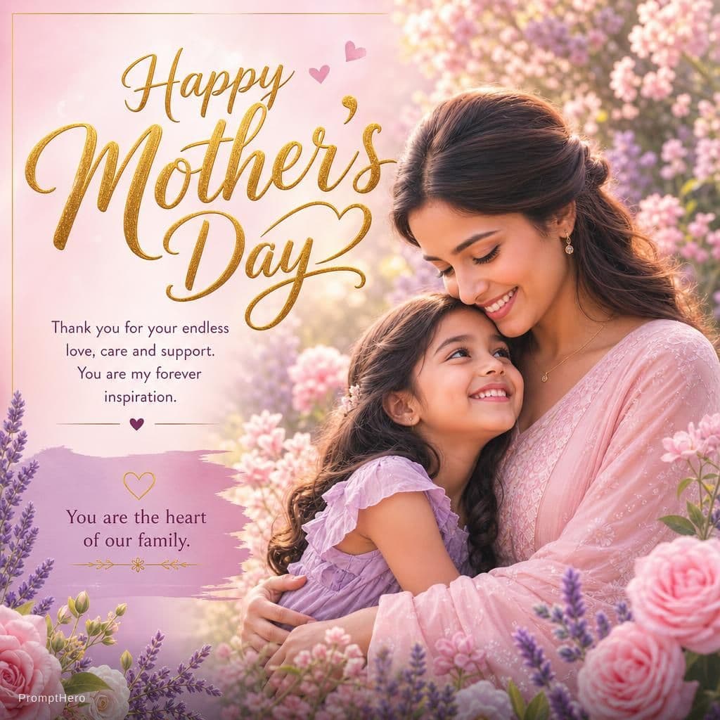 AI generated: [Mother's Day] wishes poster, featuring [a smiling mother and daughter in a blooming flower garden],...