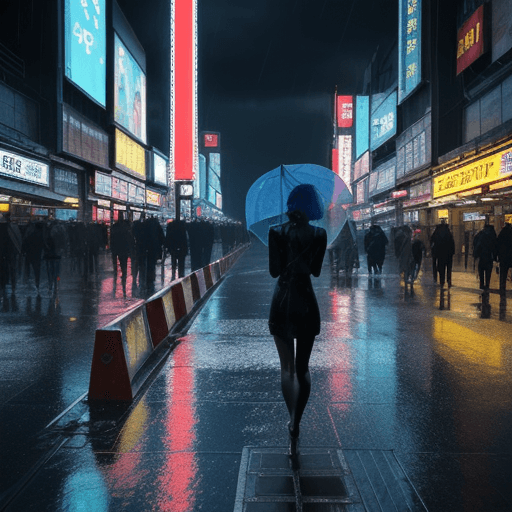 AI generated: landscape, city, cyberpunk, rain, clear sky, lights, neon, blue, red, yellow, people, umbrella, groo...
