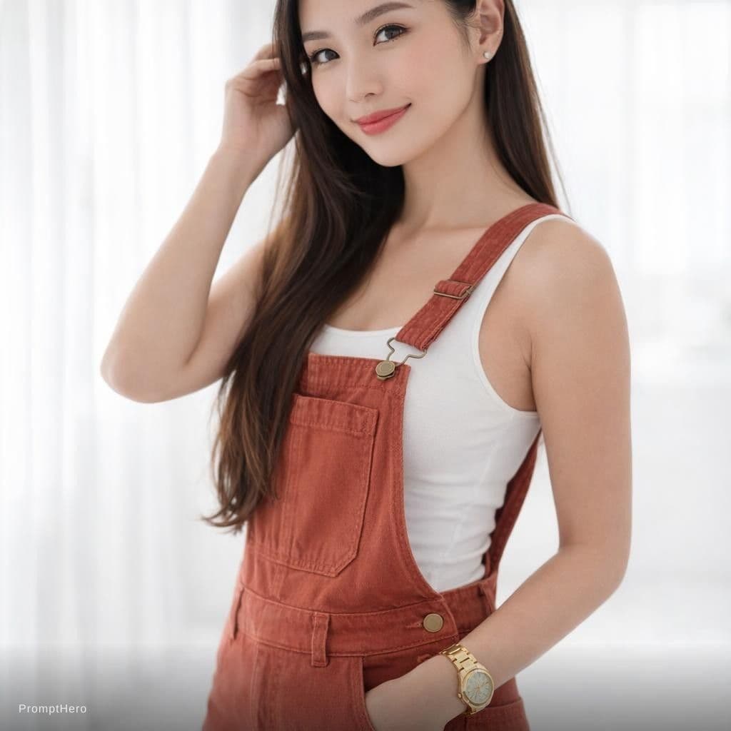 AI generated: A high-quality photorealistic portrait of a beautiful young Asian woman standing in a bright, minima...