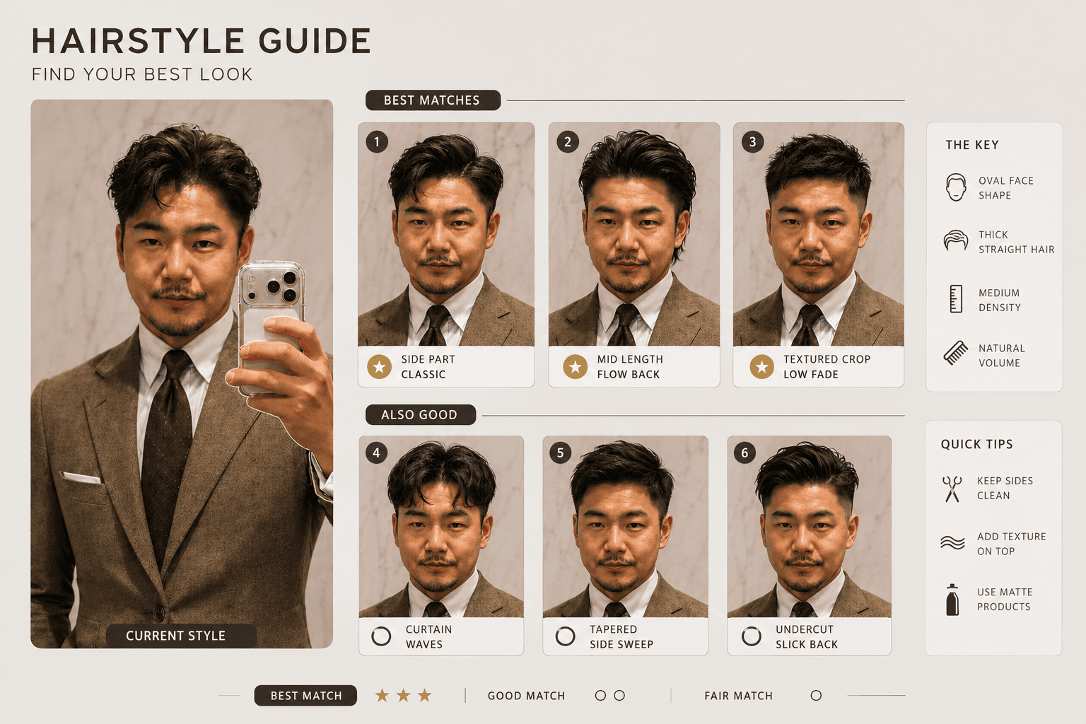 AI generated: Create a clean, modern hairstyle analysis graphic using this portrait. Show side-by-side hairstyles ...