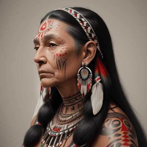 AI generated: A portrait of an old  Native American Indian Woman, face tattoos, large earrings, large necklace, lo...