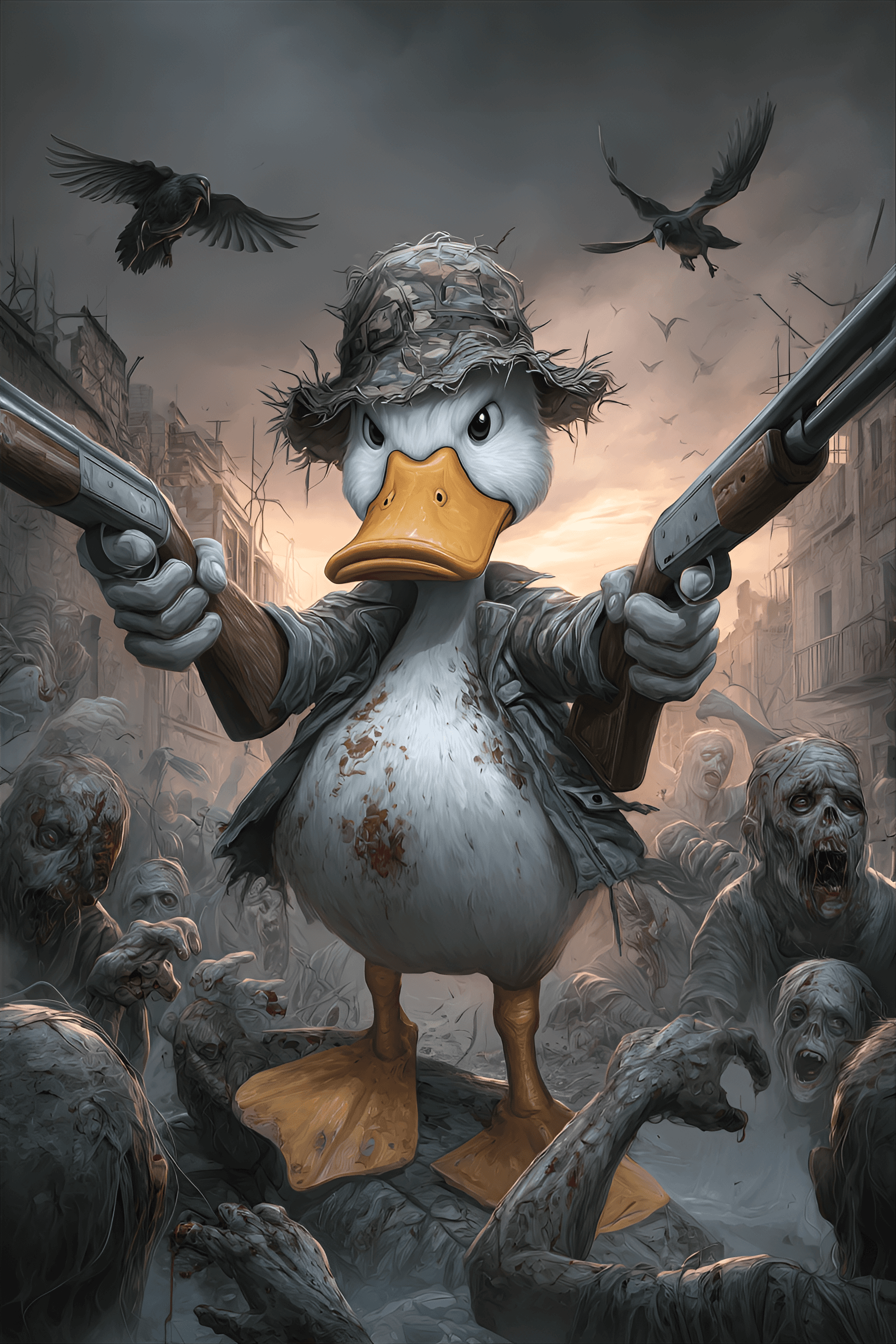 AI generated: stylized, anthropomorphic duck in a war-torn environment, the central focus of the image. The duck i...