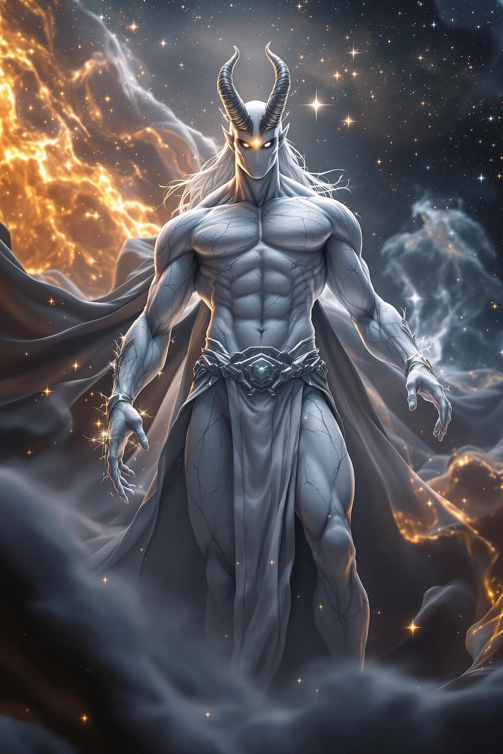 AI generated: God of Gods, full-body, No Hair or mouth, Marble Skin, Etherial, muscular, one Glowing Golden eye an...