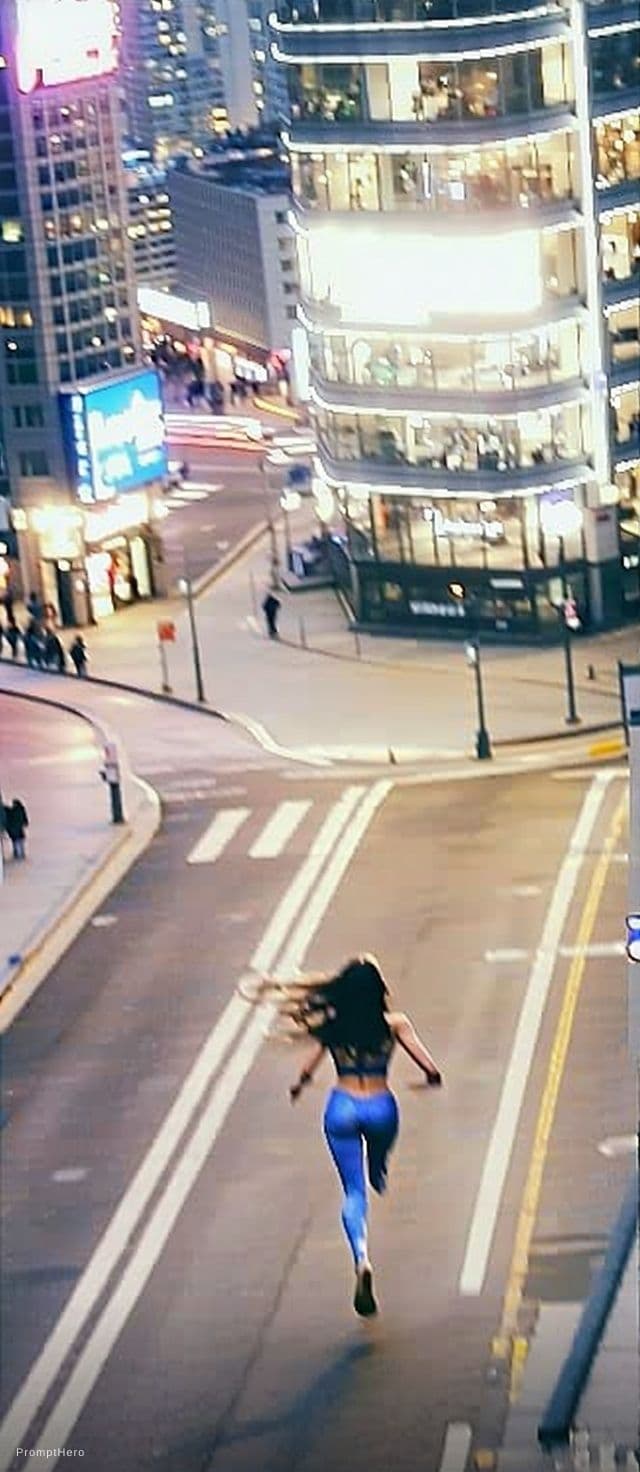 AI generated: amazing lightingbolt woman, blue color, she run on the empty street, luminous, reflective, hyper det...