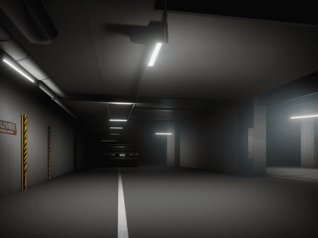 AI generated: Photo of a ultra realistic, endless underground parking lot, 4K, horror, cinema lightning