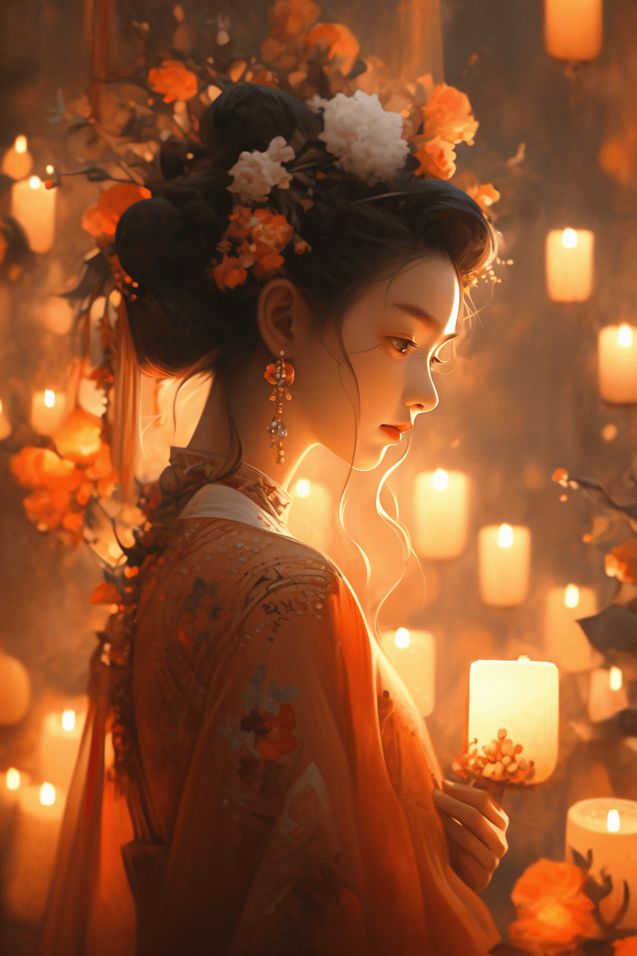 AI generated: chinese woman dressed in oriental with a candle, in the style of dark orange and gold, romantic depi...