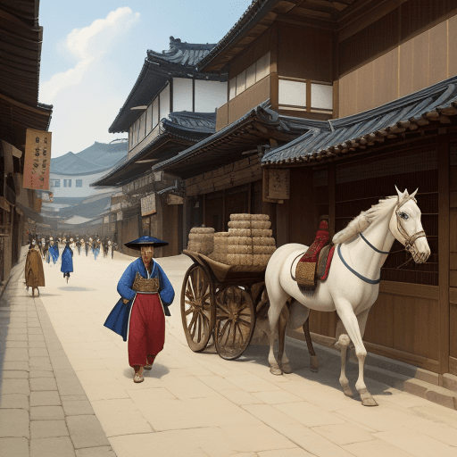 AI generated: People passing by in the streets of Joseon (now South Korea) in the 19th century, vendors selling va...