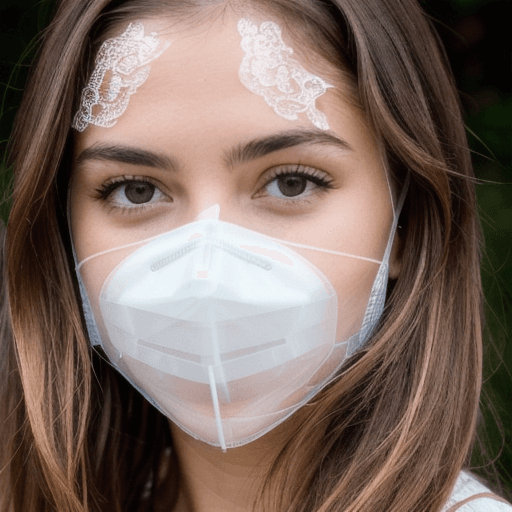 AI generated: A woman with brown hair and white skin, her face covered in clear plastic. The mask is transparent, ...