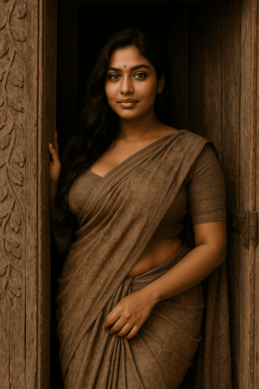 AI generated: A midshot of breathtakingly beautiful, voluptuous Indian woman stands gracefully at the threshold of...