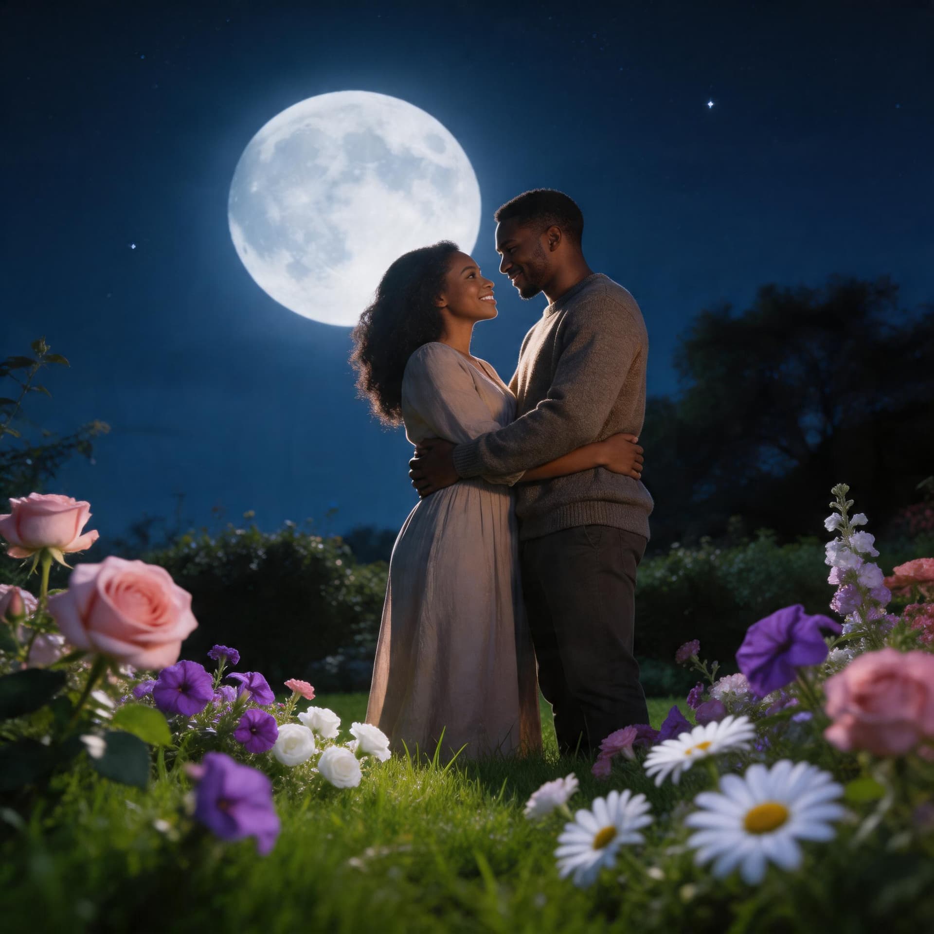 AI generated: A picture of a dark-skinned couple in a garden with flowers blooming at night under the moon with th...
