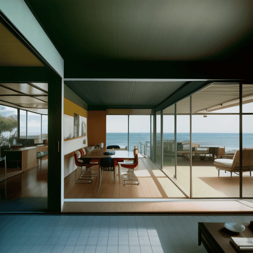 AI generated: Hyper realistic eye level exterior photo of a mid century modern style house overlooking the ocean, ...