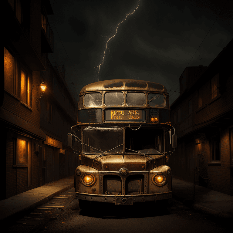 AI generated: mid-shot of a bus parked in an alley, angled, lightning night, mysterious, hyperrealism, steampunk s...