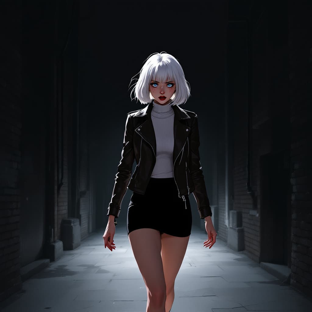 AI generated: anime, woman, white hair, bob cut, blue eyes, freckles, red lips, white turtle neck sweater, tight t...
