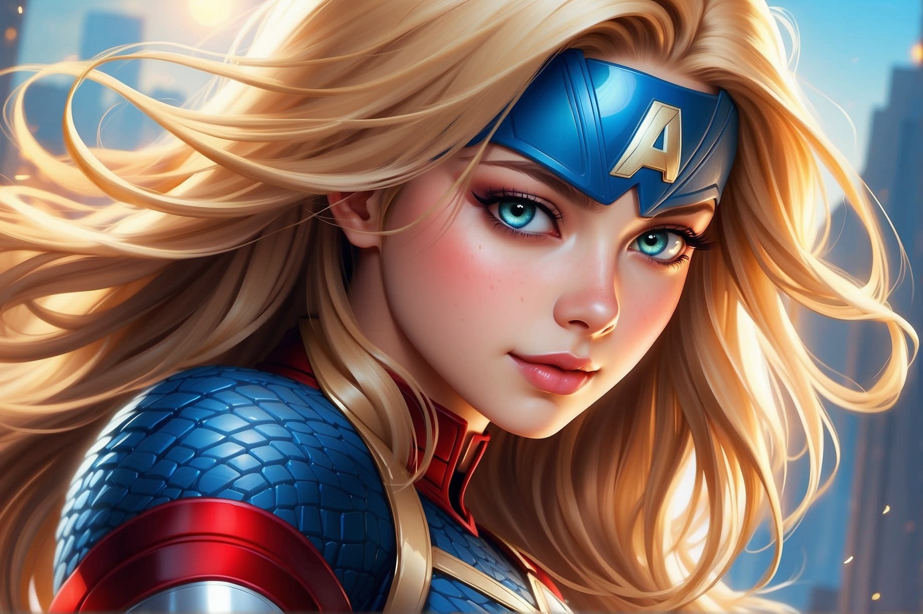 AI generated: In this image, Captain America is depicted as a stunning woman. Her features are perfectly symmetric...
