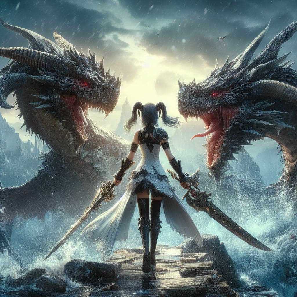 AI generated: one badass goddess warrior confronting 2 dragons Bahamuth from Final Fantasy, central composition, e...