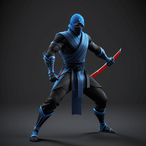 AI generated: a tall black and blue ninja that looks like sub-zero with a sword and red belt.performance, 3D, octa...