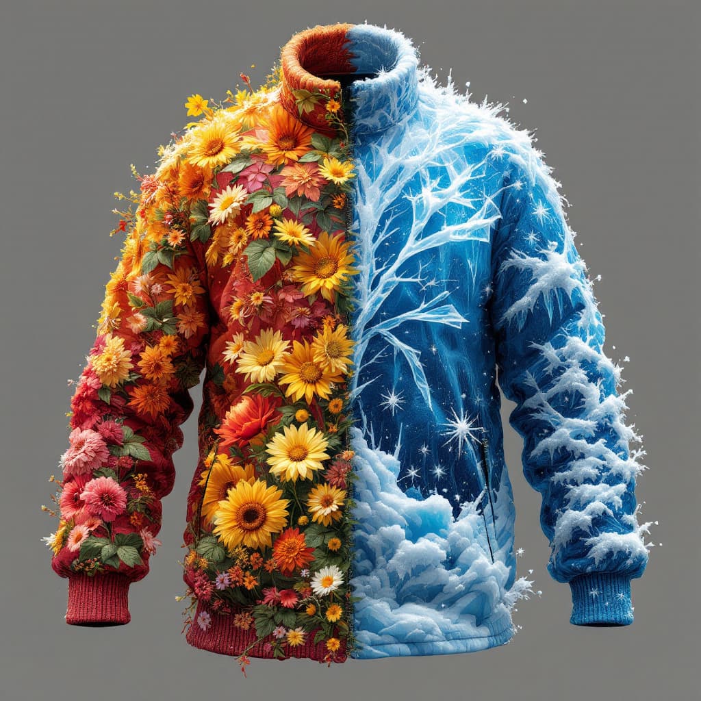 AI generated: Design a jacket where the left side represents summer’s vibrant heat, and the right side embodies wi...