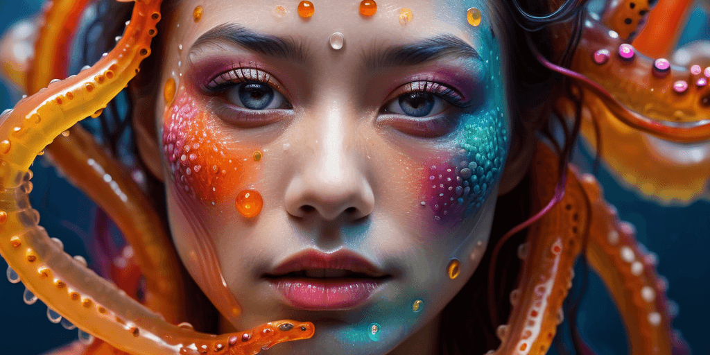AI generated: photo of Hyperrealistic, intricate, scattering (colorful),a jelly Japanese woman with skin that is w...