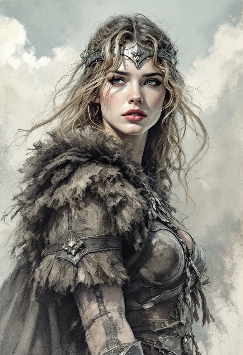 AI generated: Portrait of a brave female Viking warrior, shoulders open, armed, Art Nouveau, Neo-Impressionism, ch...