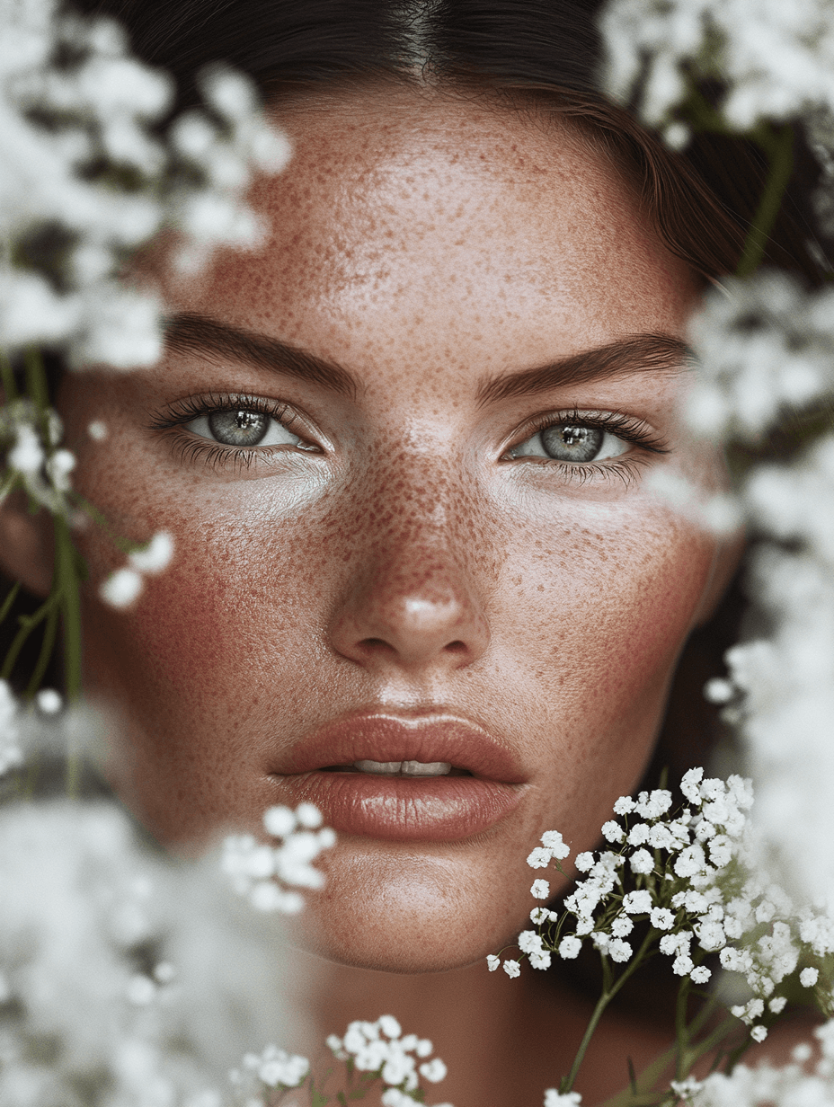 AI generated: Ultra-realistic studio portrait of a woman with natural facial features, surrounded by white gypsoph...