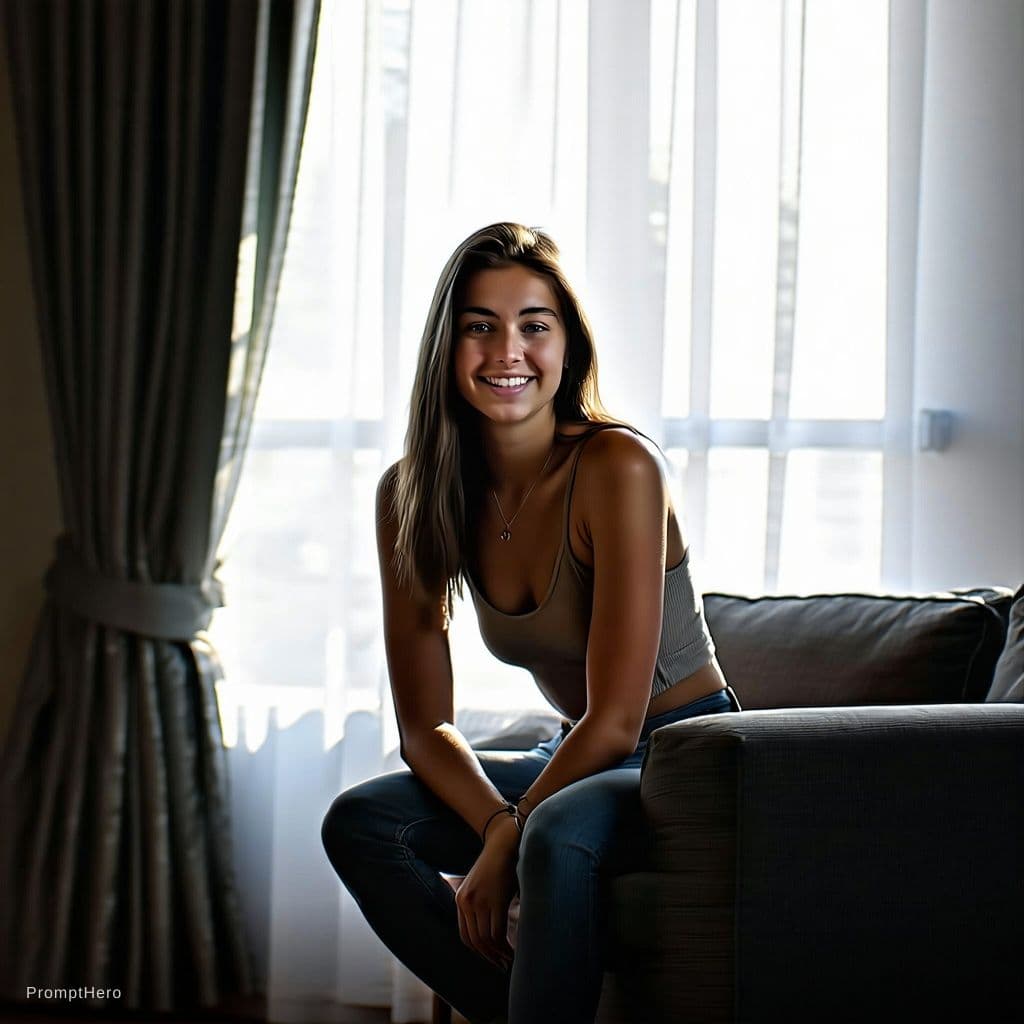 AI generated: A photorealistic image of the same young woman sitting on the edge of a bed in a softly lit elegant ...