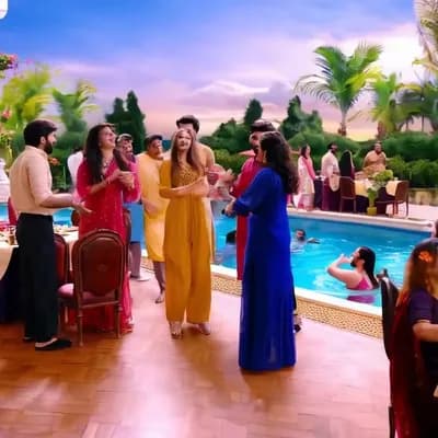 AI generated video: a scene of resort setting.  activities guests are engaged in—such as swimming, dining, and playing g...